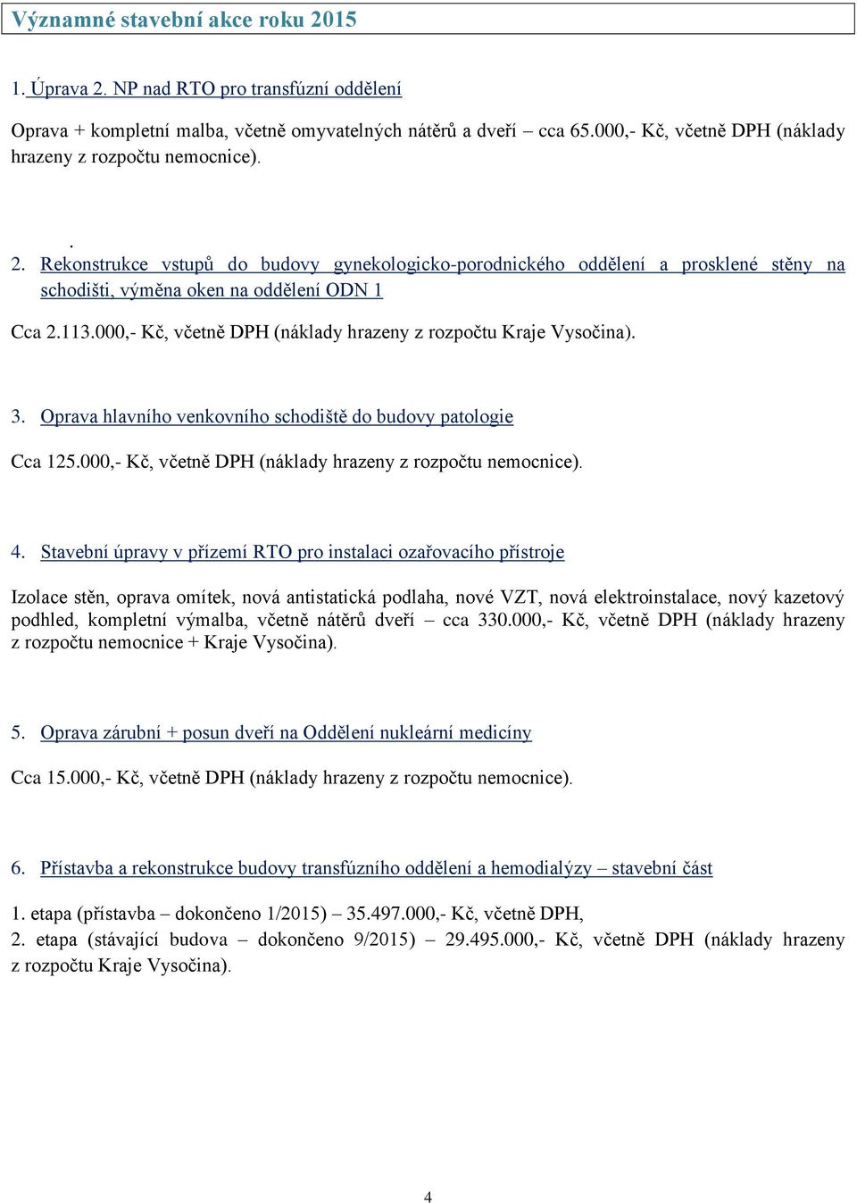 113.000,- Kč, včetně DPH (náklady hrazeny z rozpočtu Kraje Vysočina). 3. Oprava hlavního venkovního schodiště do budovy patologie Cca 125.000,- Kč, včetně DPH (náklady hrazeny z rozpočtu nemocnice).