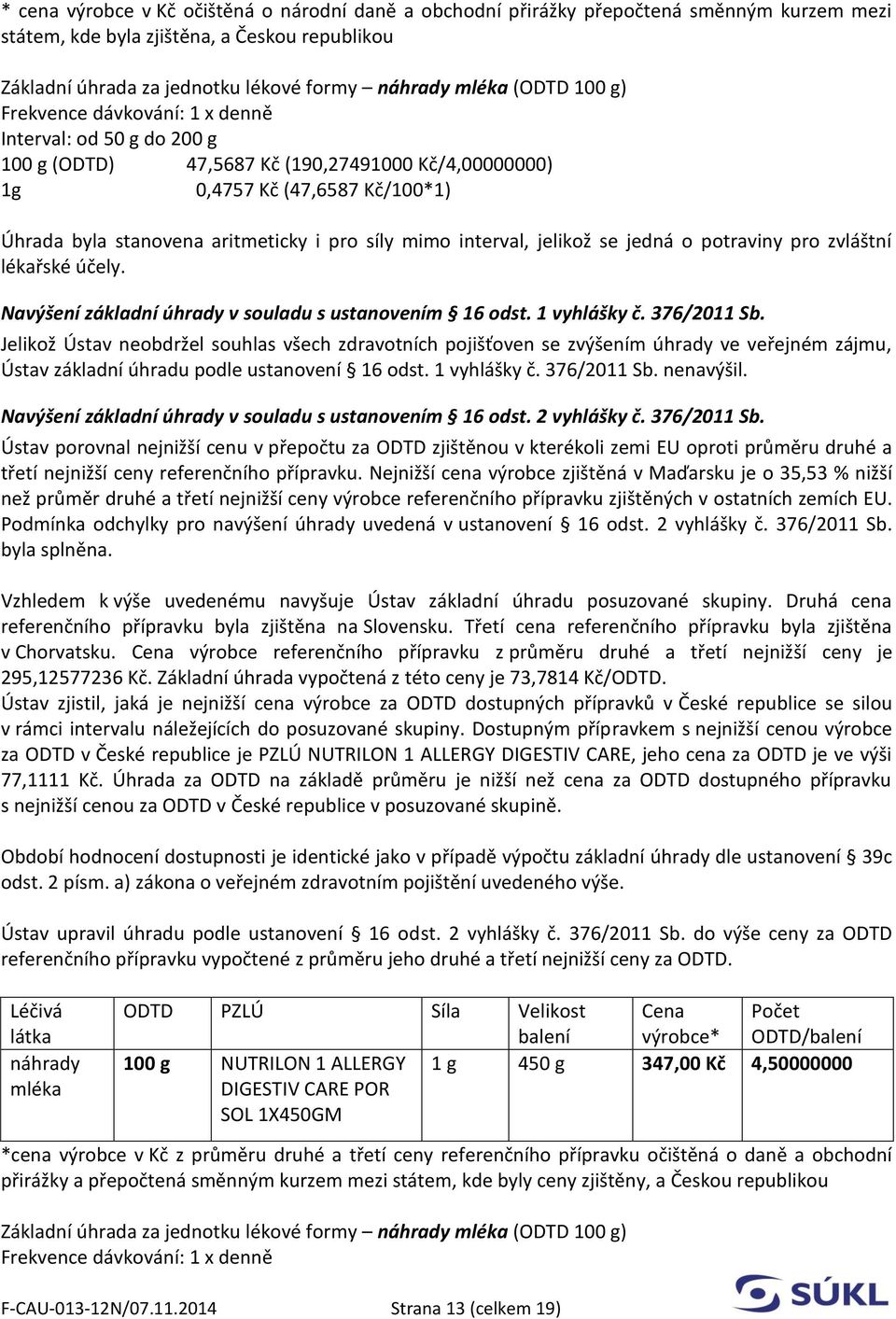 síly mimo interval, jelikož se jedná o potraviny pro zvláštní lékařské účely. Navýšení základní úhrady v souladu s ustanovením 16 odst. 1 vyhlášky č. 376/2011 Sb.