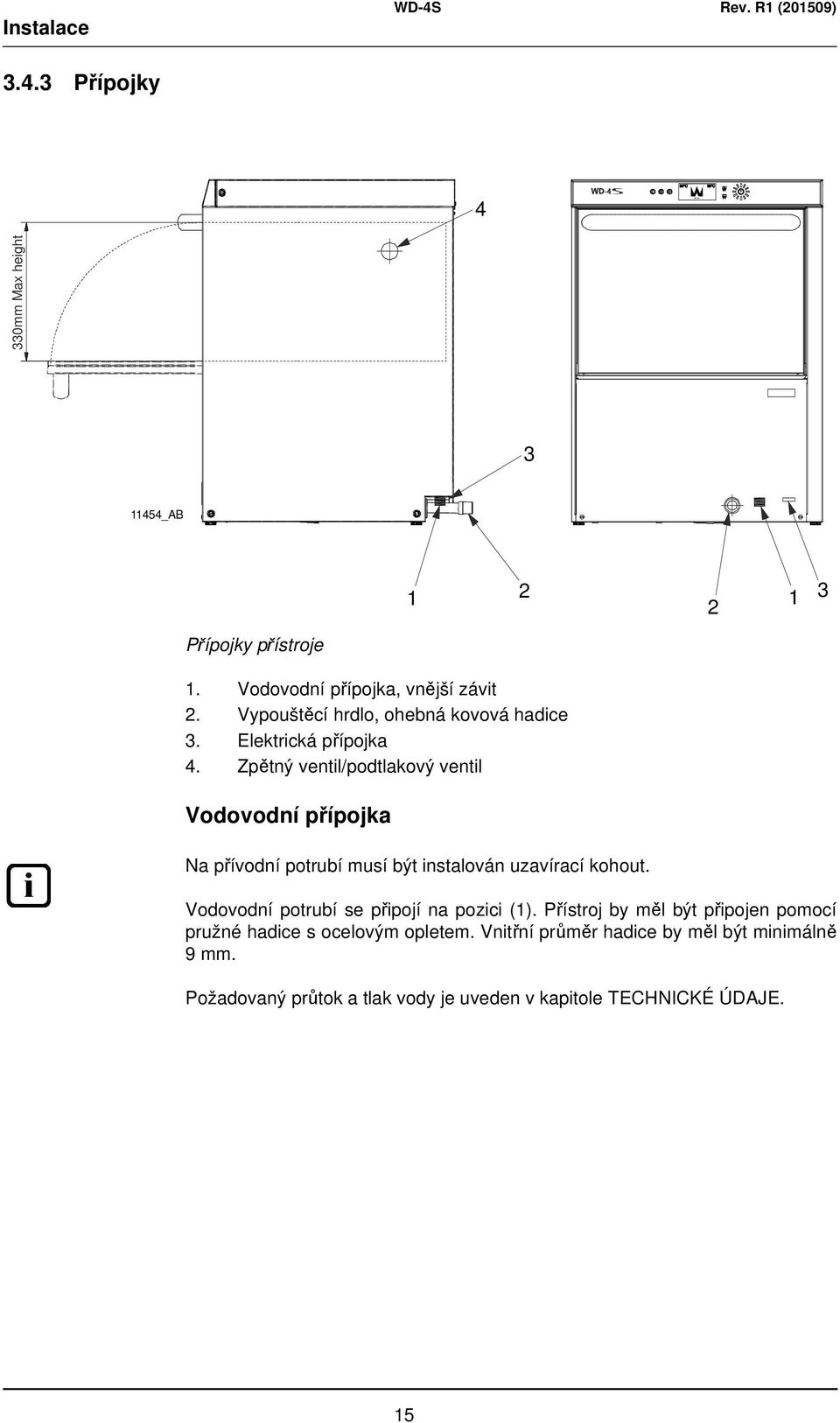 Zpětný ventil/podtlakový ventil Vodovodní přípojka Na přívodní potrubí musí být instalován uzavírací kohout.