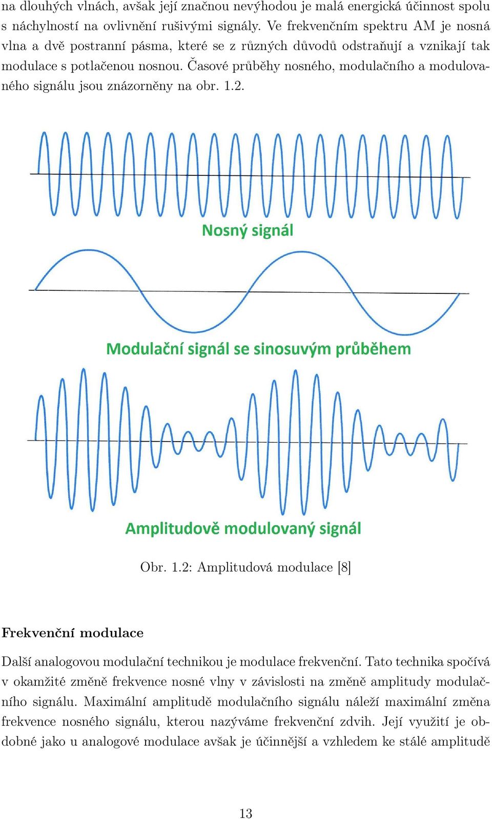 Časové průběhy nosného, modulačního a modulovaného signálu jsou znázorněny na obr. 1.2. Obr. 1.2: Amplitudová modulace [8] Frekvenční modulace Další analogovou modulační technikou je modulace frekvenční.