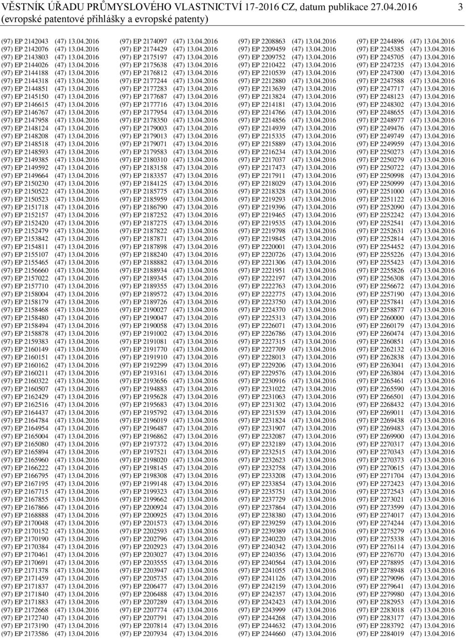 04.2016 (97) EP 2147958 (47) 13.04.2016 (97) EP 2148124 (47) 13.04.2016 (97) EP 2148208 (47) 13.04.2016 (97) EP 2148518 (47) 13.04.2016 (97) EP 2148593 (47) 13.04.2016 (97) EP 2149385 (47) 13.04.2016 (97) EP 2149592 (47) 13.