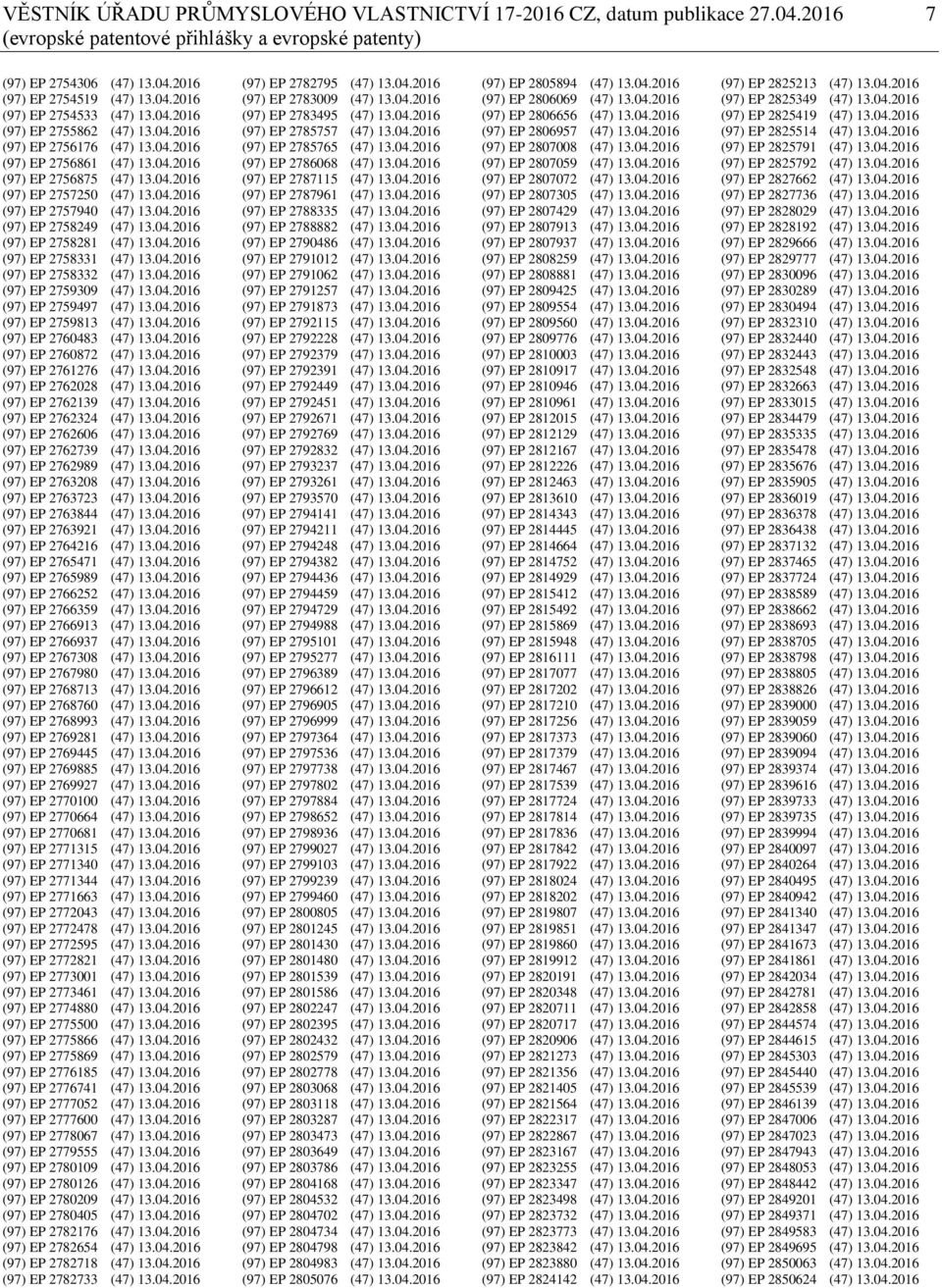 04.2016 (97) EP 2758281 (47) 13.04.2016 (97) EP 2758331 (47) 13.04.2016 (97) EP 2758332 (47) 13.04.2016 (97) EP 2759309 (47) 13.04.2016 (97) EP 2759497 (47) 13.04.2016 (97) EP 2759813 (47) 13.04.2016 (97) EP 2760483 (47) 13.