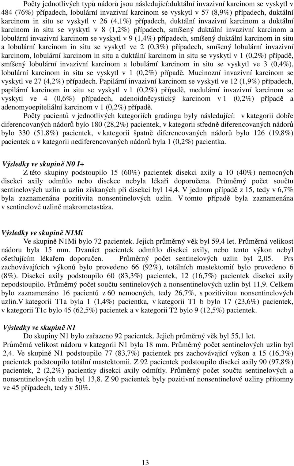 vyskytl v 9 (1,4%) případech, smíšený duktální karcinom in situ a lobulární karcinom in situ se vyskytl ve 2 (0,3%) případech, smíšený lobulární invazivní karcinom, lobulární karcinom in situ a