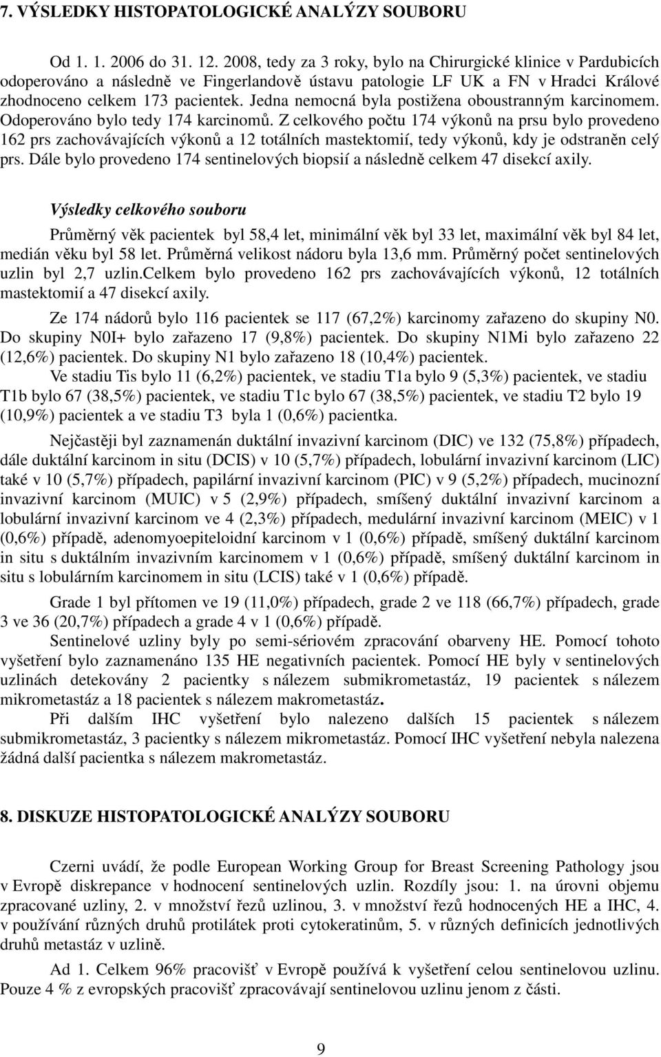 Jedna nemocná byla postižena oboustranným karcinomem. Odoperováno bylo tedy 174 karcinomů.