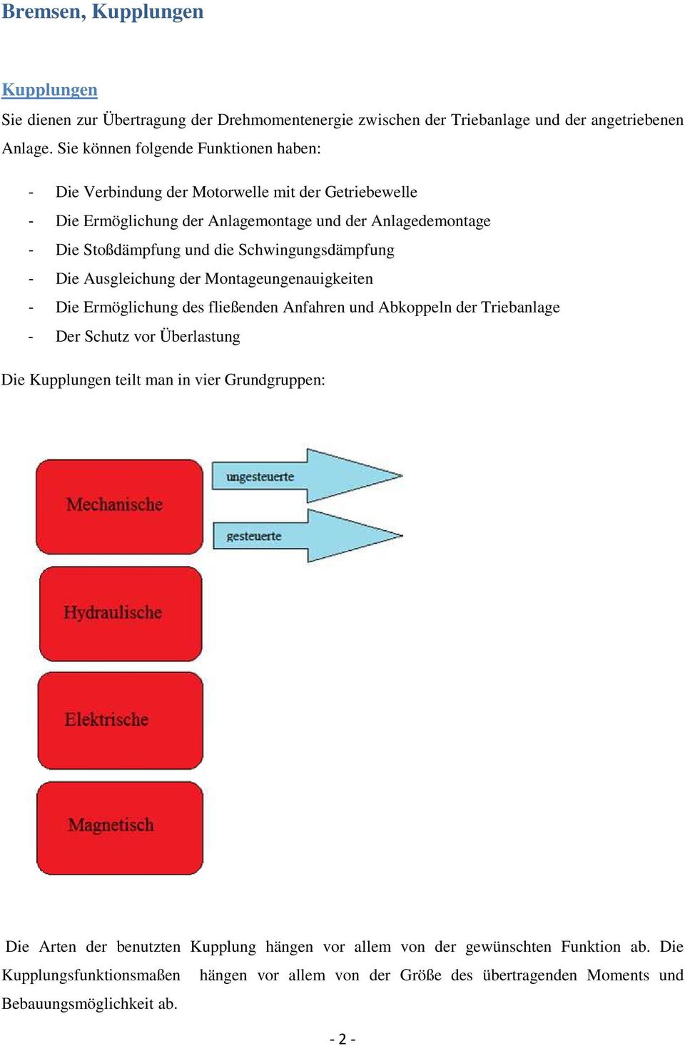 Schwingungsdämpfung - Die Ausgleichung der Montageungenauigkeiten - Die Ermöglichung des fließenden Anfahren und Abkoppeln der Triebanlage - Der Schutz vor Überlastung Die Kupplungen