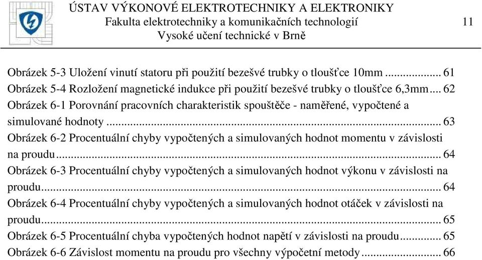 .. 63 Obrázek 6-2 Procentuální chyby vypočtených a simulovaných hodnot momentu v závislosti na proudu.