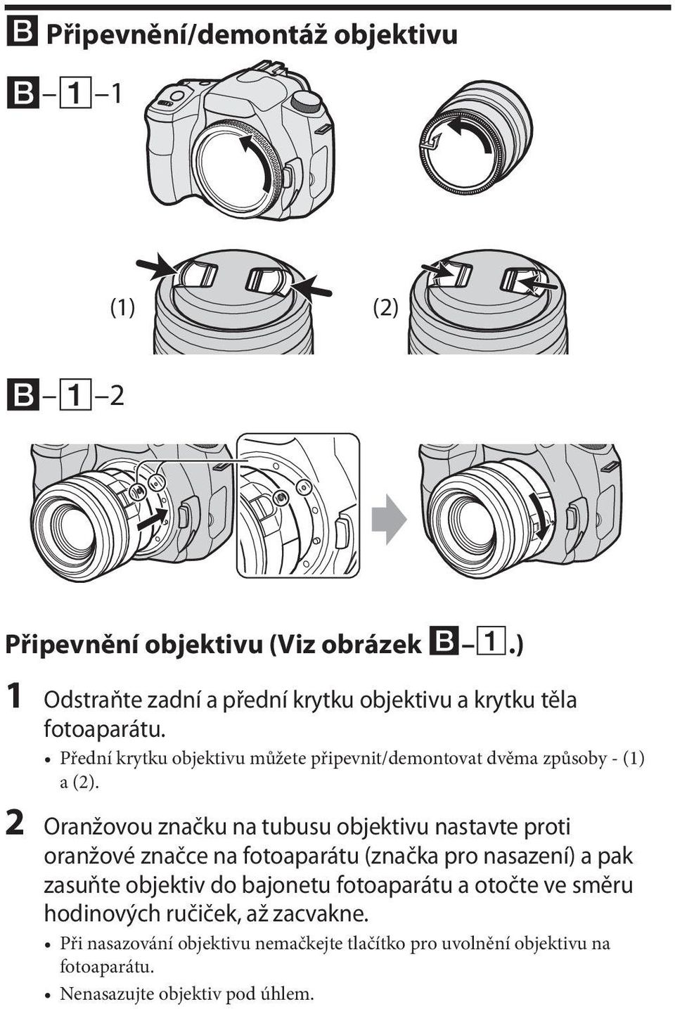 Přední krytku objektivu můžete připevnit/demontovat dvěma způsoby - (1) a (2).