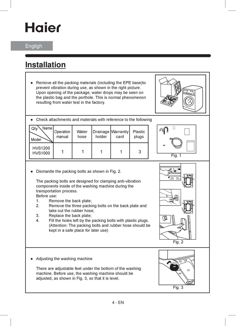 Check attachments and materials with reference to the following Qty Model Name Operation manual Water hose Drainage holder Warrantly card Plastic plugs HVS1200 HVS1000 1 1 1 1 3 Fig.