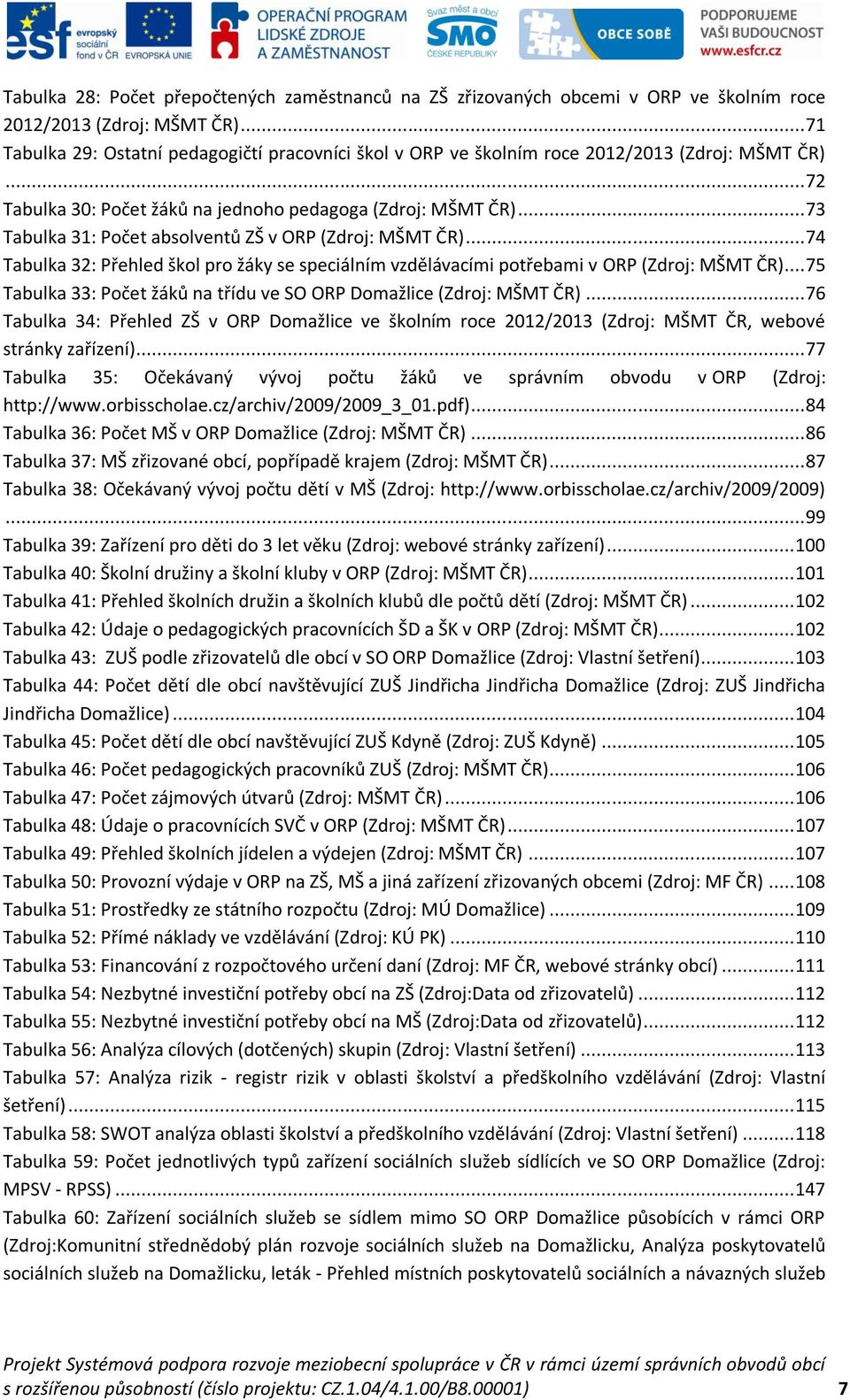 .. 73 Tabulka 31: Počet absolventů ZŠ v ORP (Zdroj: MŠMT ČR)... 74 Tabulka 32: Přehled škol pro žáky se speciálním vzdělávacími potřebami v ORP (Zdroj: MŠMT ČR).