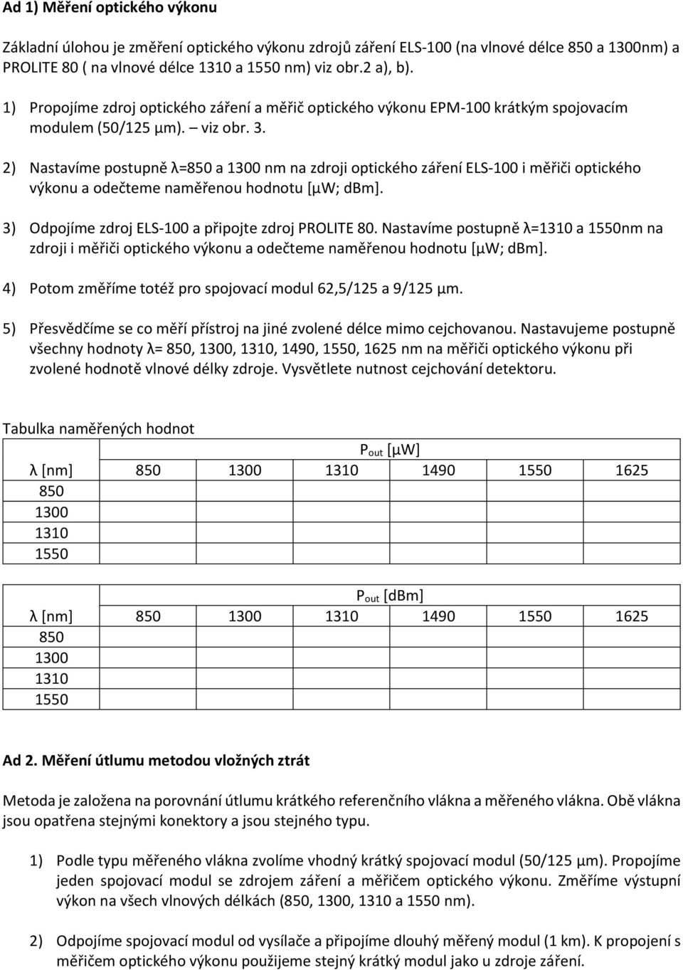 2) Nastavíme postupně λ=850 a 1300 nm na zdroji optického záření ELS-100 i měřiči optického výkonu a odečteme naměřenou hodnotu [μw; dbm]. 3) Odpojíme zdroj ELS-100 a připojte zdroj PROLITE 80.