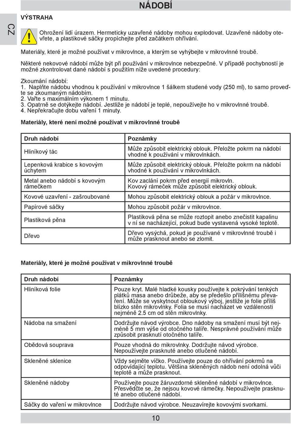 V případě pochybností je možné zkontrolovat dané nádobí s použitím níže uvedené procedury: Zkoumání nádobí: 1.