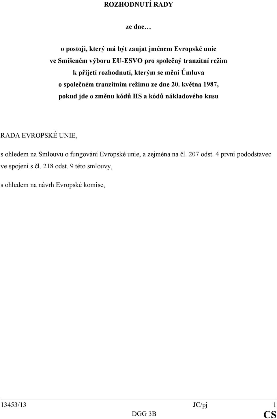 května 1987, pokud jde o změnu kódů HS a kódů nákladového kusu RADA EVROPSKÉ UNIE, s ohledem na Smlouvu o fungování