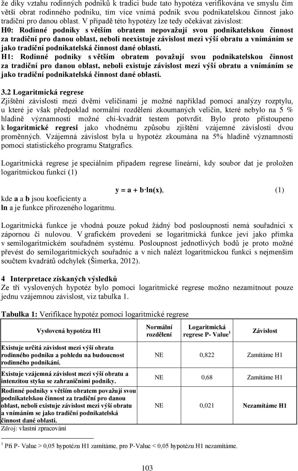 V případě této hypotézy lze tedy očekávat závislost: H0: Rodinné podniky s větším obratem nepovažují svou podnikatelskou činnost za tradiční pro danou oblast, neboli neexistuje závislost mezi výší