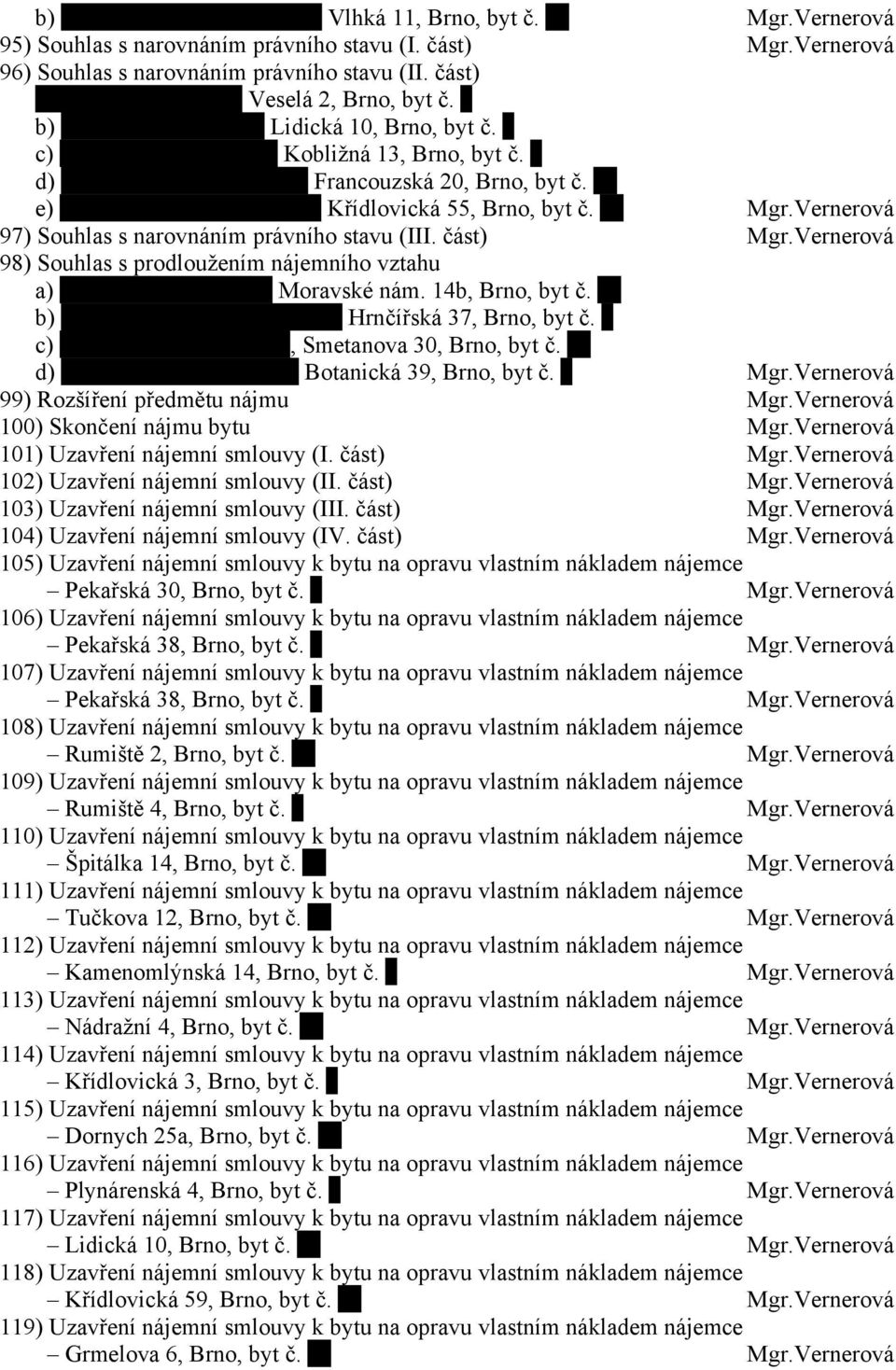 Vernerová 98) Souhlas s prodloužením nájemního vztahu a) Moravské nám. 14b, Brno, byt č. b) Hrnčířská 37, Brno, byt č. c), Smetanova 30, Brno, byt č. d) Botanická 39, Brno, byt č. Mgr.