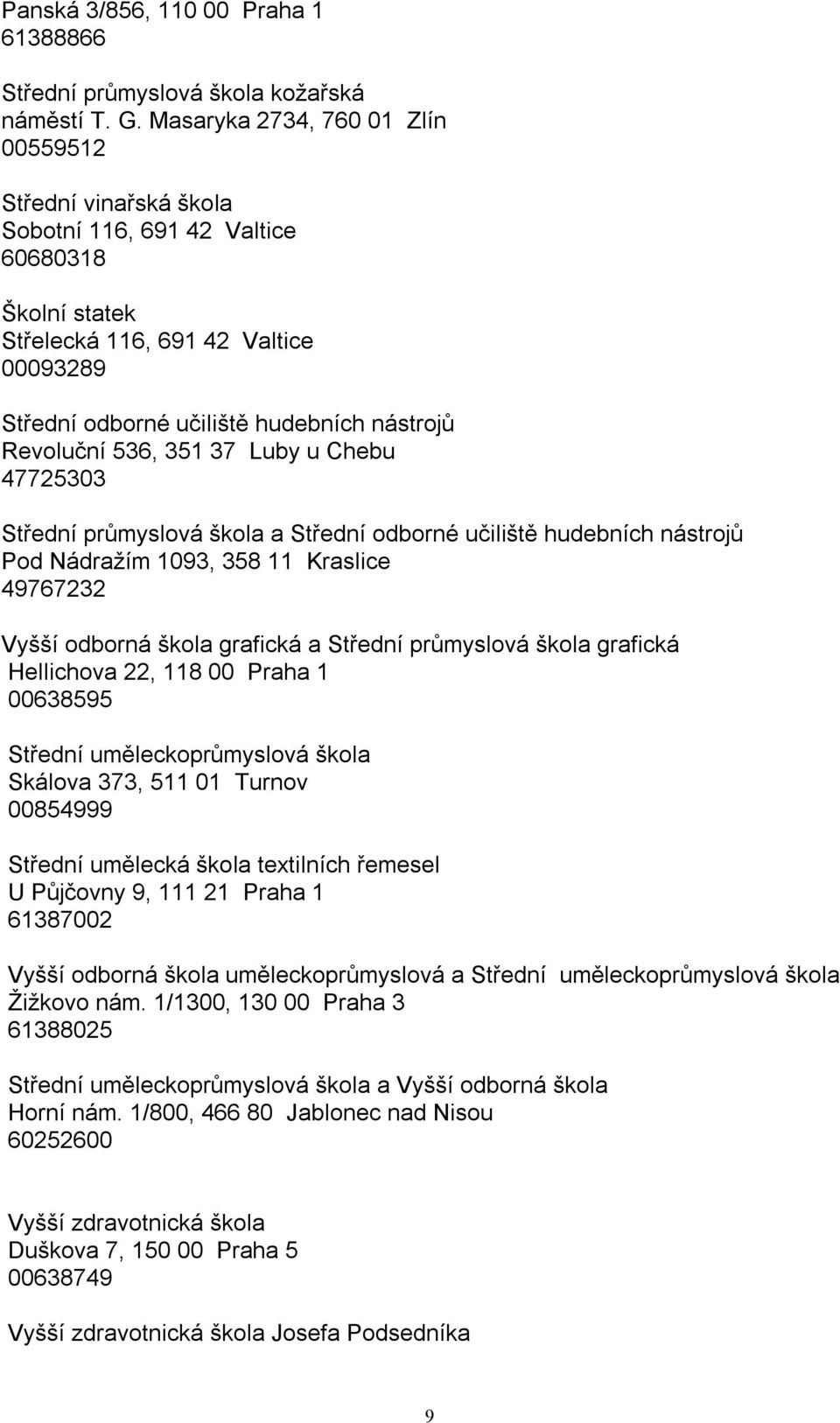 Revoluční 536, 351 37 Luby u Chebu 47725303 Střední průmyslová škola a Střední odborné učiliště hudebních nástrojů Pod Nádraţím 1093, 358 11 Kraslice 49767232 Vyšší odborná škola grafická a Střední