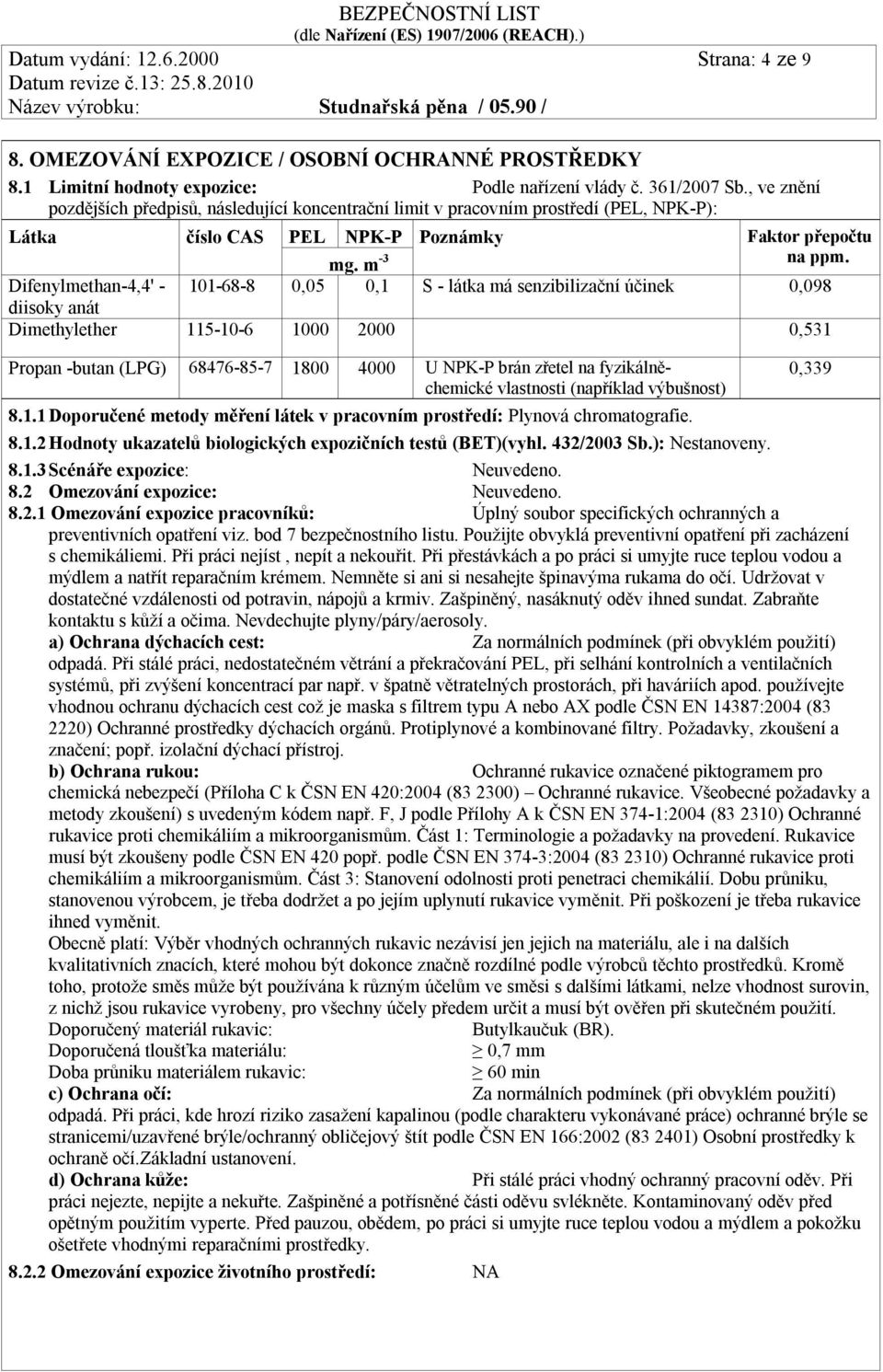 Difenylmethan-4,4' - 101-68-8 0,05 0,1 S - látka má senzibilizační účinek 0,098 diisoky anát Dimethylether 115-10-6 1000 2000 0,531 Propan -butan (LPG) 68476-85-7 1800 4000 U NPK-P brán zřetel na