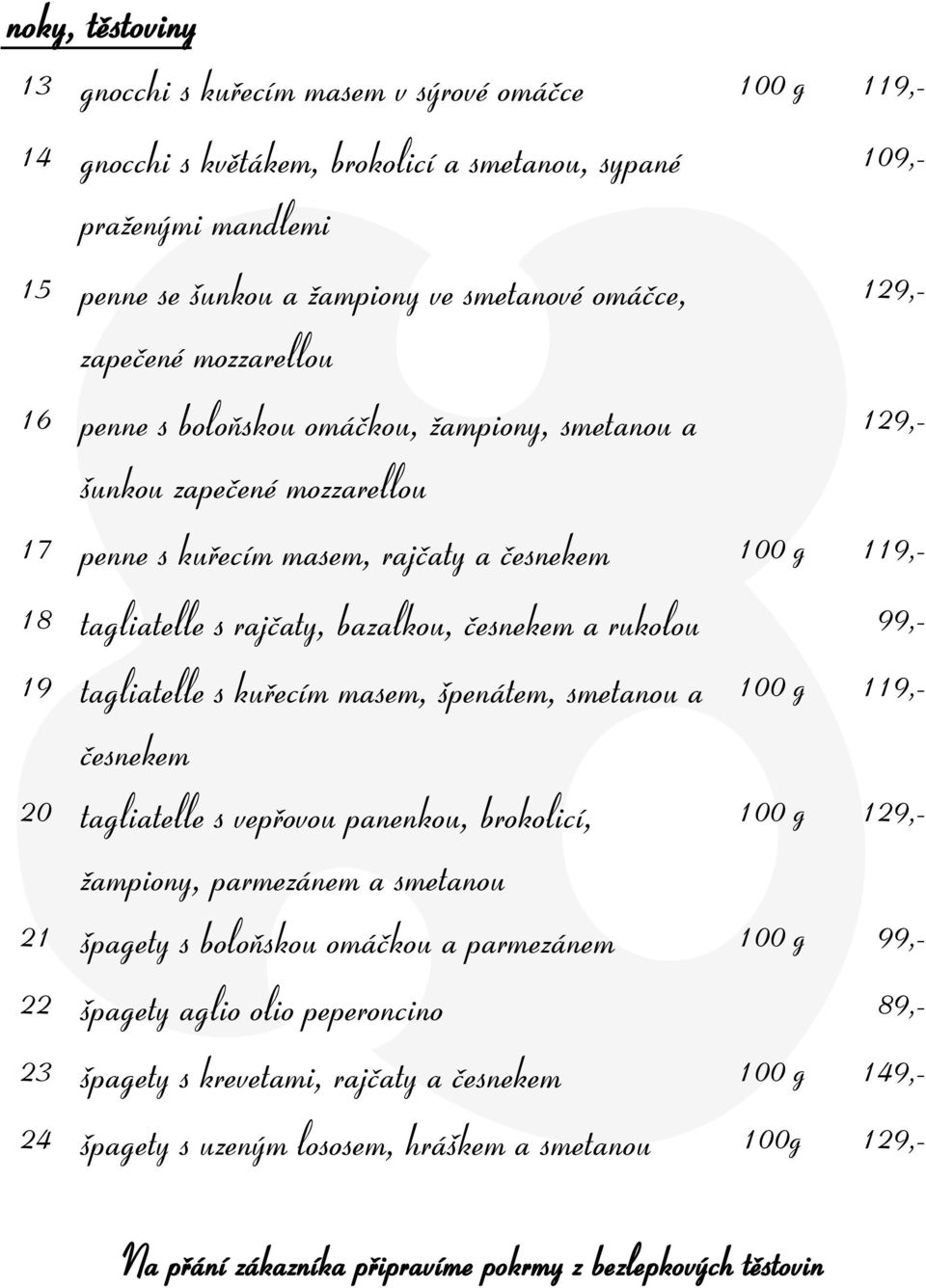 česnekem a rukolou 99,- 19 tagliatelle s kuřecím masem, špenátem, smetanou a 100 g 119,- česnekem 20 tagliatelle s vepřovou panenkou, brokolicí, 100 g žampiony, parmezánem a smetanou 21 špagety s