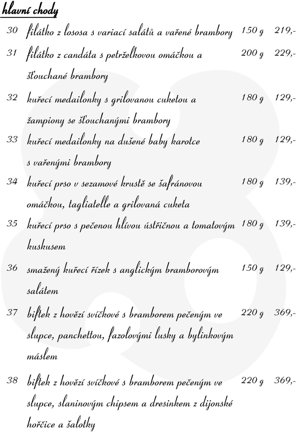 prso s pečenou hlívou ústřičnou a tomatovým kuskusem 36 smažený kuřecí řízek s anglickým bramborovým salátem 37 biftek z hovězí svíčkové s bramborem pečeným ve slupce, panchettou, fazolovými
