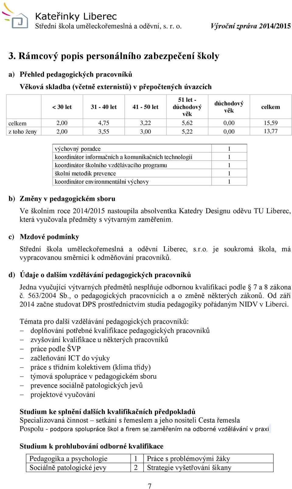 vzdělávacího programu 1 školní metodik prevence 1 koordinátor environmentální výchovy 1 b) Změny v pedagogickém sboru Ve školním roce 2014/2015 nastoupila absolventka Katedry Designu oděvu TU