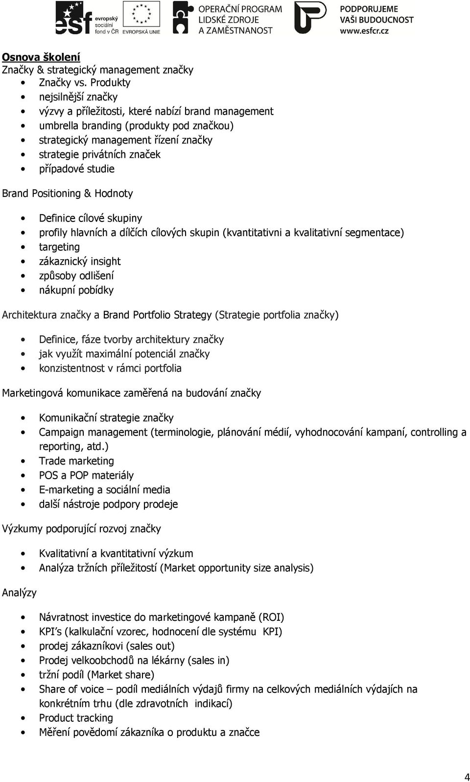 studie Brand Positioning & Hodnoty Definice cílové skupiny profily hlavních a dílčích cílových skupin (kvantitativni a kvalitativní segmentace) targeting zákaznický insight způsoby odlišení nákupní