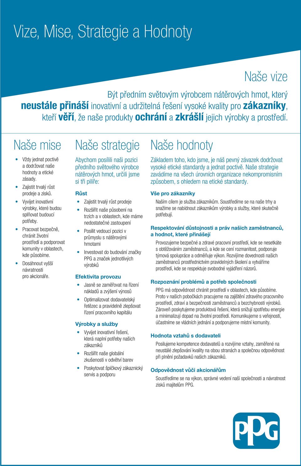 Vyvíjet inovativní výrobky, které budou splňovat budoucí potřeby. Pracovat bezpečně, chránit životní prostředí a podporovat komunity v oblastech, kde působíme.