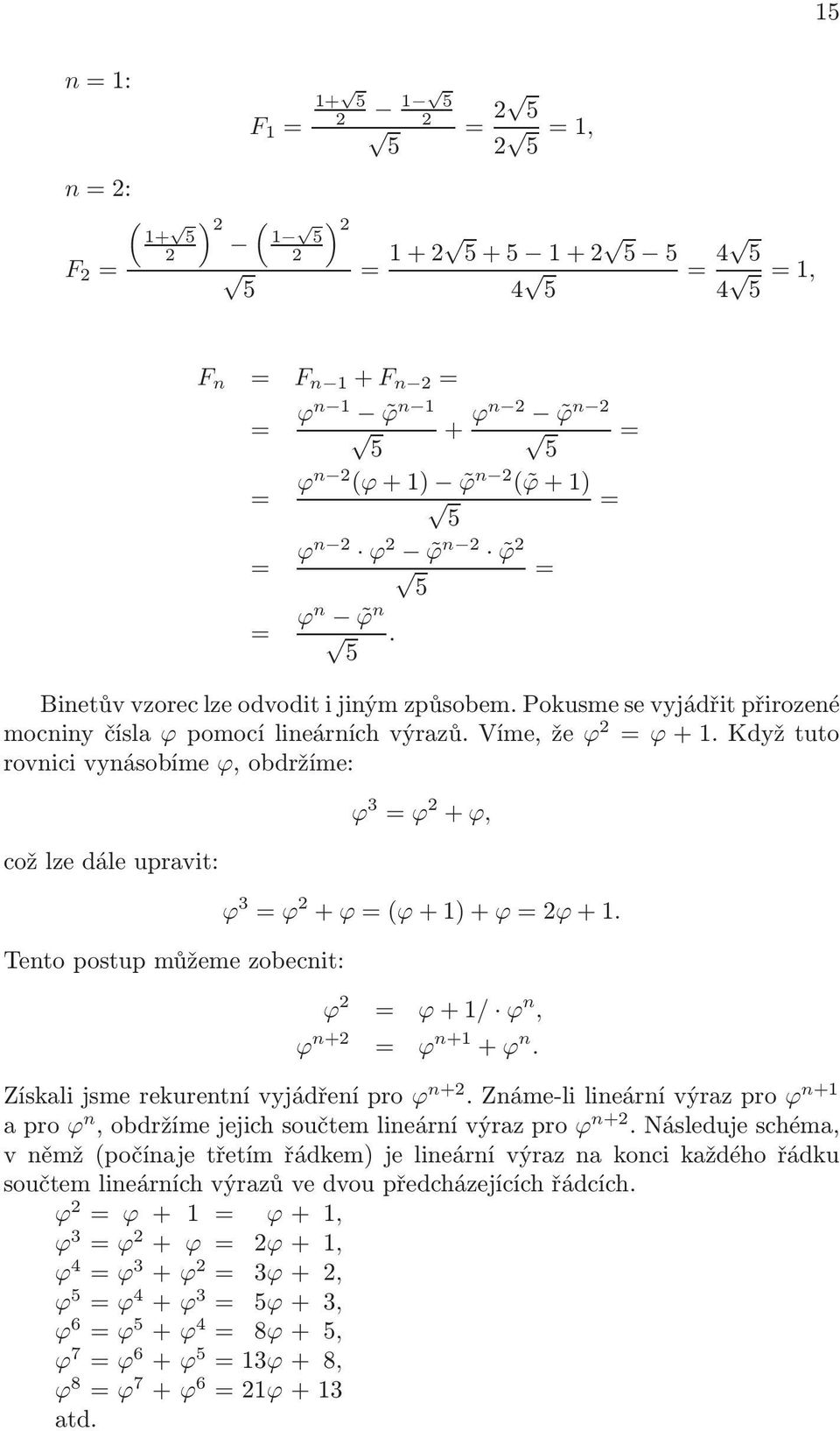 + ) + ϕ = ϕ + ϕ = ϕ + / ϕ n, ϕ n+ = ϕ n+ + ϕ n Získali jsme rekurentní vyjádření pro ϕ n+ Známe-li lineární výraz pro ϕ n+ a pro ϕ n, obdržíme jejich součtem lineární výraz pro ϕ n+ Následuje schéma,