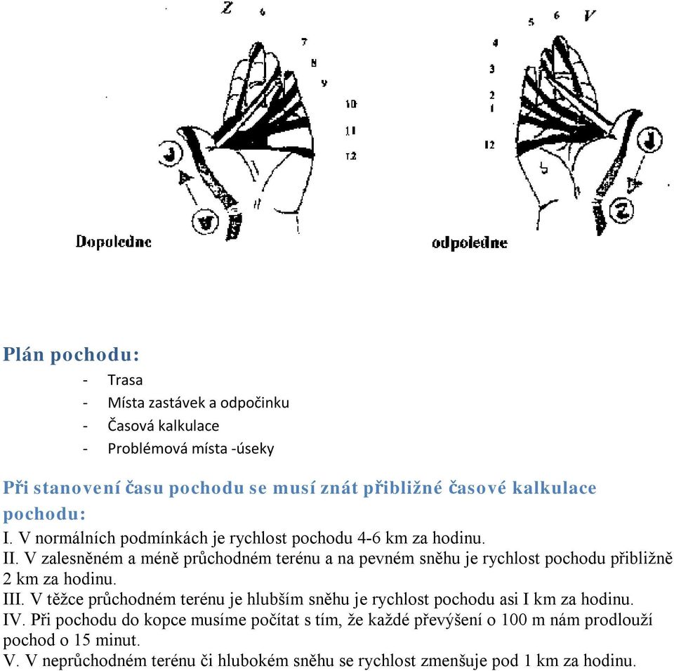 V zalesněném a méně průchodném terénu a na pevném sněhu je rychlost pochodu přibližně 2 km za hodinu. III.