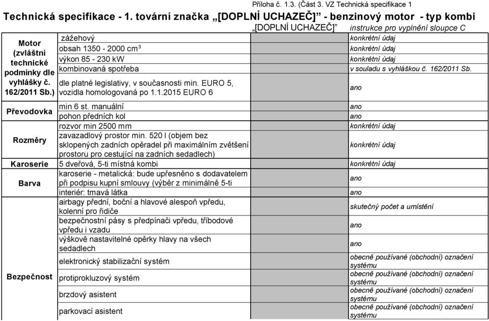 162/2011 Sb. Převodovka min 6 st. manuální pohon předních kol rozvor min 2500 mm Rozměry zavazadlový prostor min.