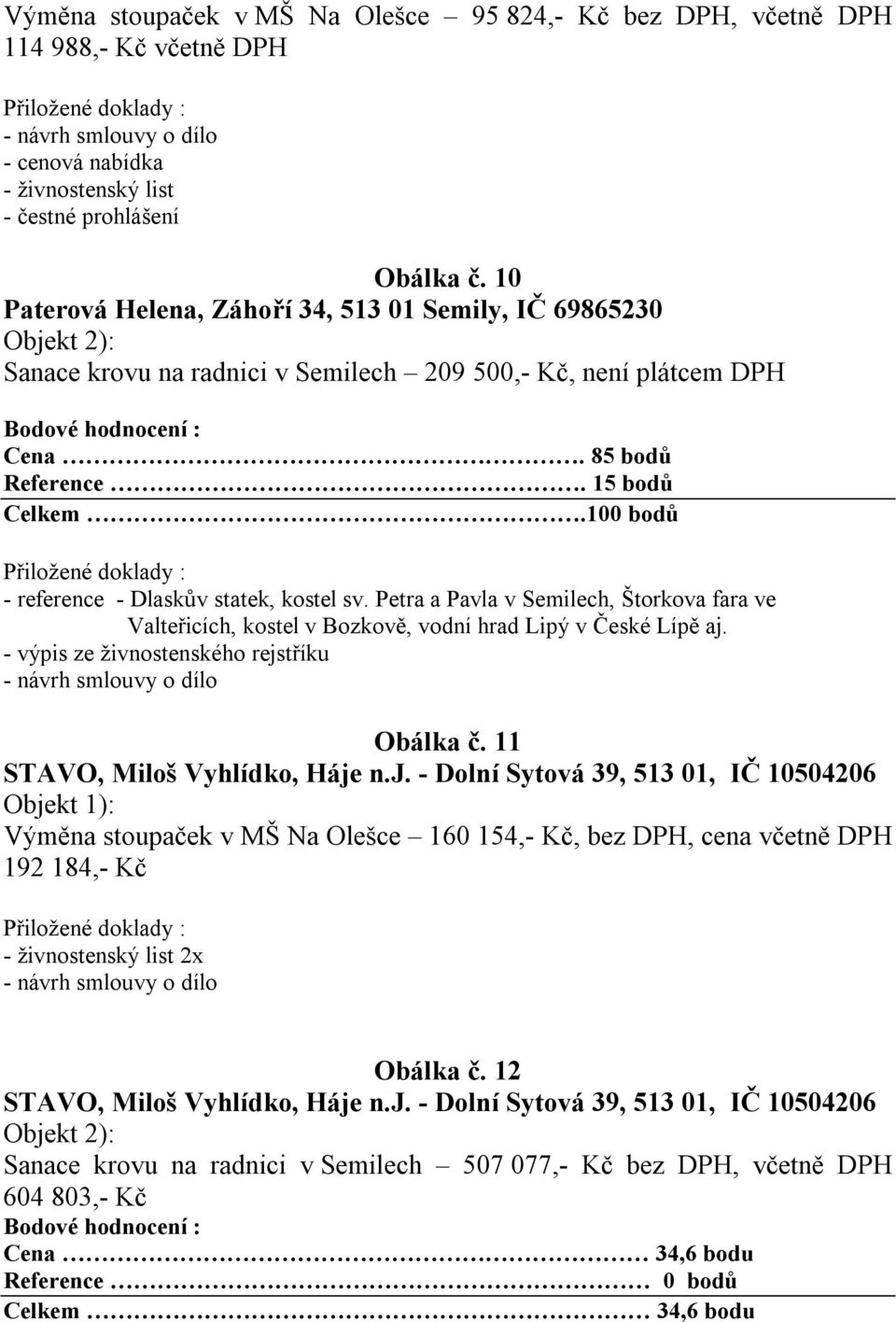 100 bodů - reference - Dlaskův statek, kostel sv. Petra a Pavla v Semilech, Štorkova fara ve Valteřicích, kostel v Bozkově, vodní hrad Lipý v České Lípě aj.