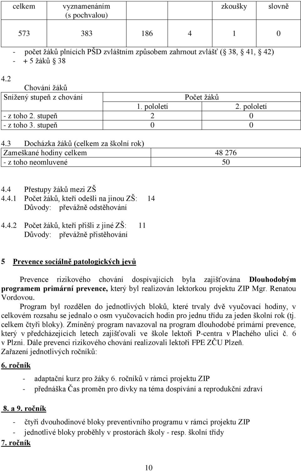 3 Docházka žáků (celkem za školní rok) Zameškané hodiny celkem 48