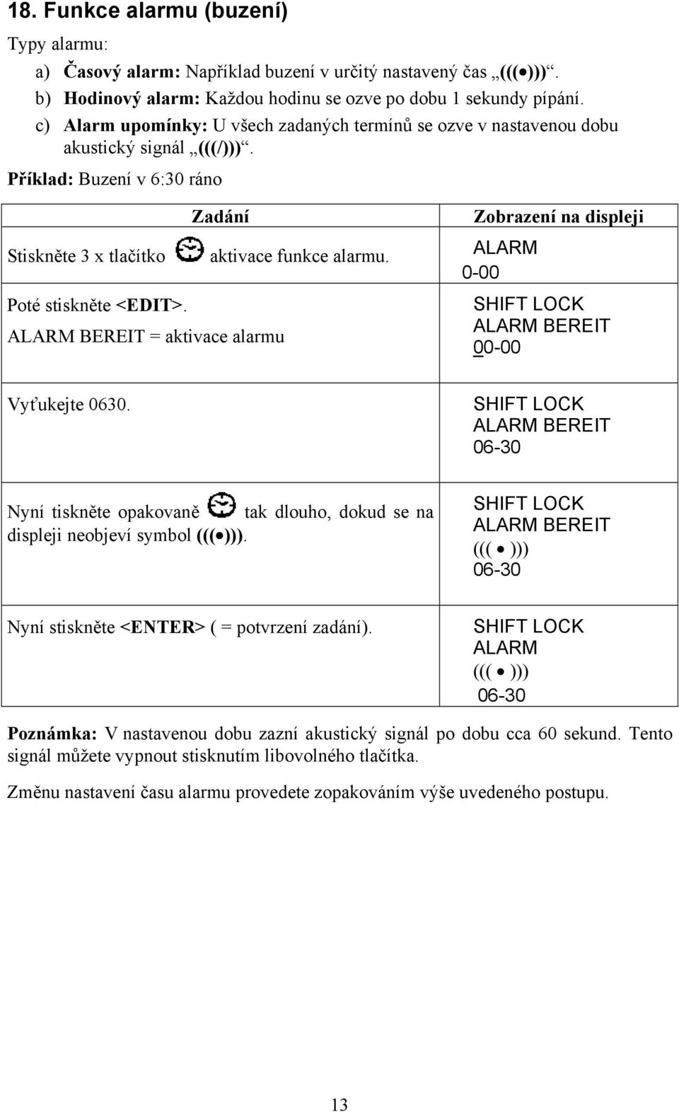 ALARM BEREIT = aktivace alarmu ALARM 0-00 ALARM BEREIT 00-00 Vyťukejte 0630. ALARM BEREIT 06-30 Nyní tiskněte opakovaně tak dlouho, dokud se na displeji neobjeví symbol ((( ))).