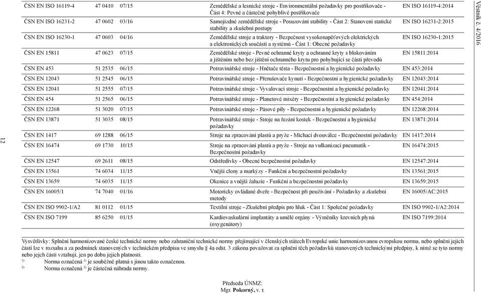 traktory - Bezpečnost vysokonapěťových elektrických EN ISO 16230-1:2015 a elektronických součástí a systémů - Část 1: Obecné požadavky ČSN EN 15811 47 0623 07/15 Zemědělské stroje - Pevné ochranné