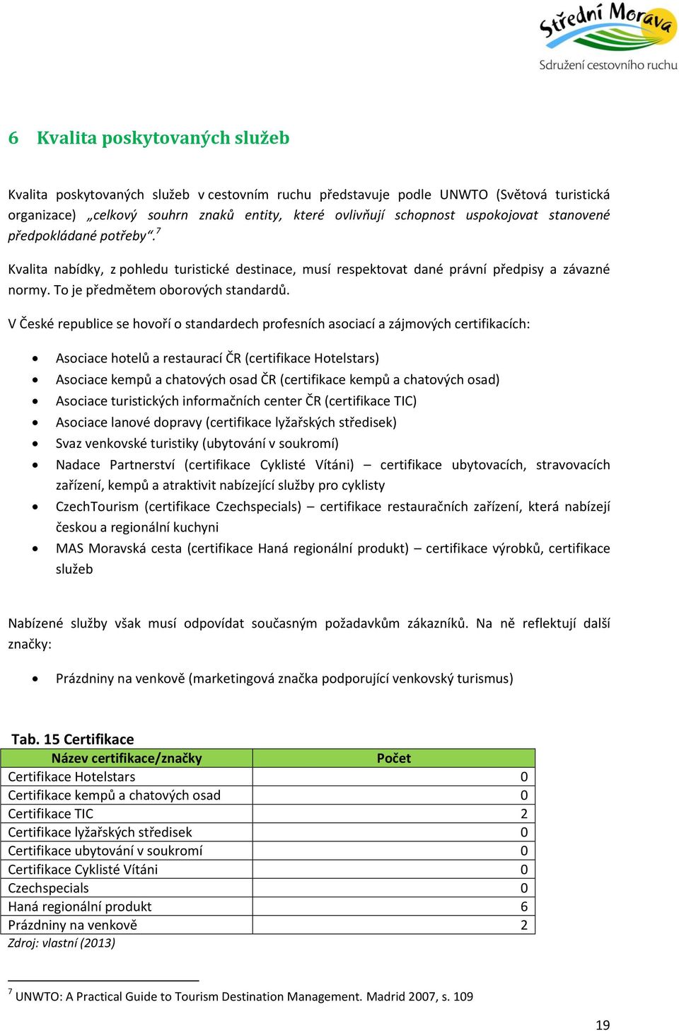 V České republice se hovoří o standardech profesních asociací a zájmových certifikacích: Asociace hotelů a restaurací ČR (certifikace Hotelstars) Asociace kempů a chatových osad ČR (certifikace kempů