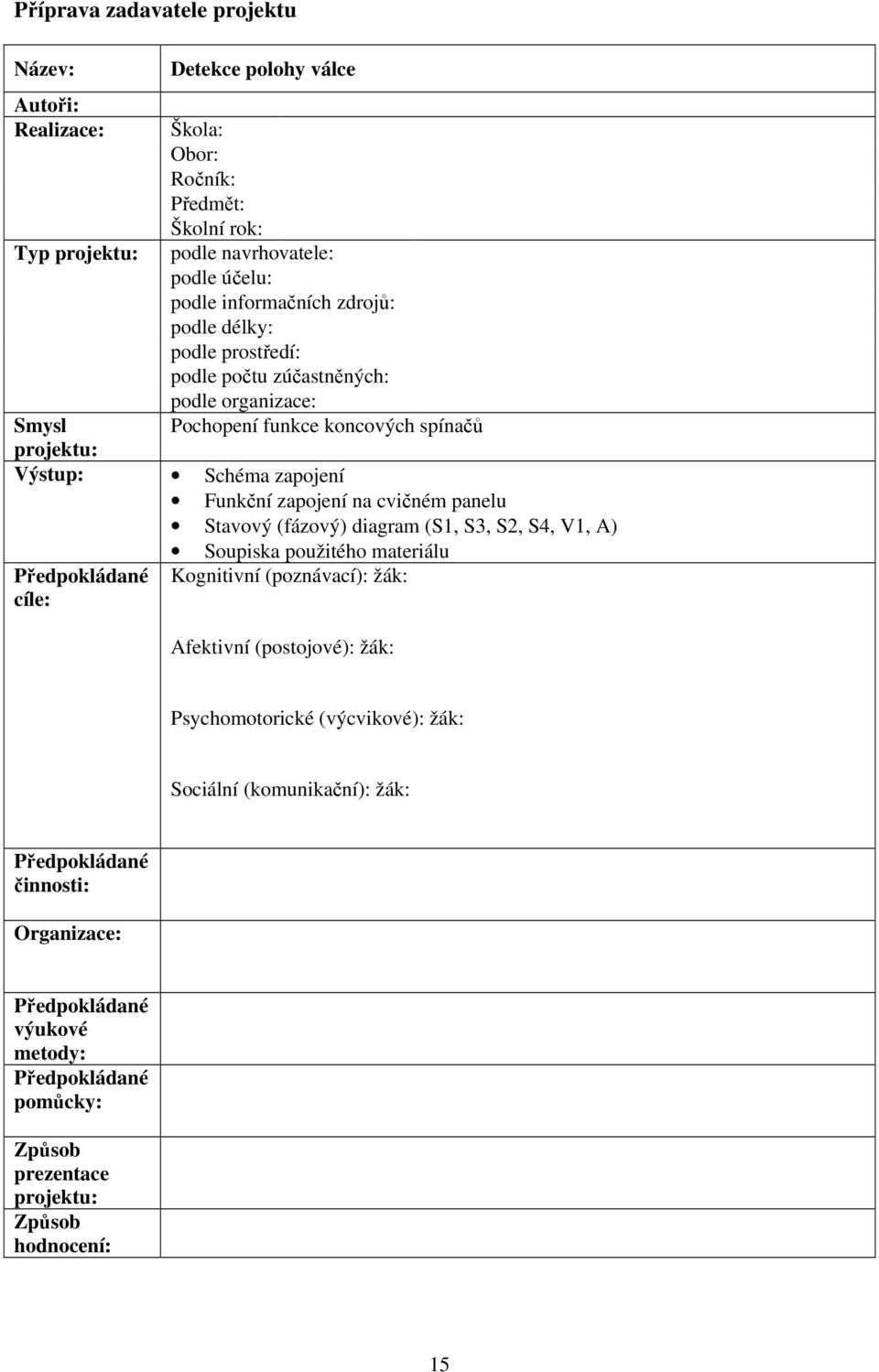 zapojení Funkční zapojení na cvičném panelu Stavový (fázový) diagram (S1, S3, S2, S4, V1, A) Soupiska použitého materiálu cíle: Kognitivní (poznávací): žák: