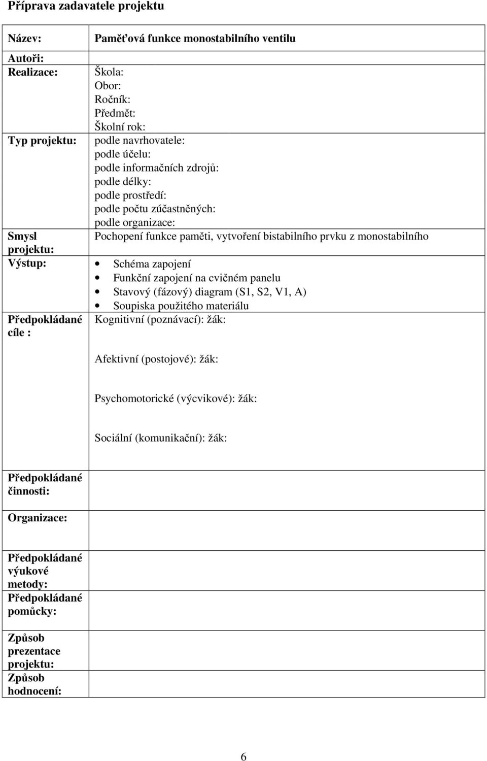 monostabilního Smysl Výstup: Schéma zapojení Funkční zapojení na cvičném panelu Stavový (fázový) diagram (S1, S2, V1, A) Soupiska použitého materiálu cíle : Kognitivní