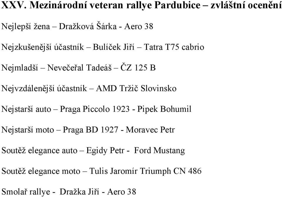 Slovinsko Nejstarší auto Praga Piccolo 1923 - Pipek Bohumil Nejstarší moto Praga BD 1927 - Moravec Petr Soutě