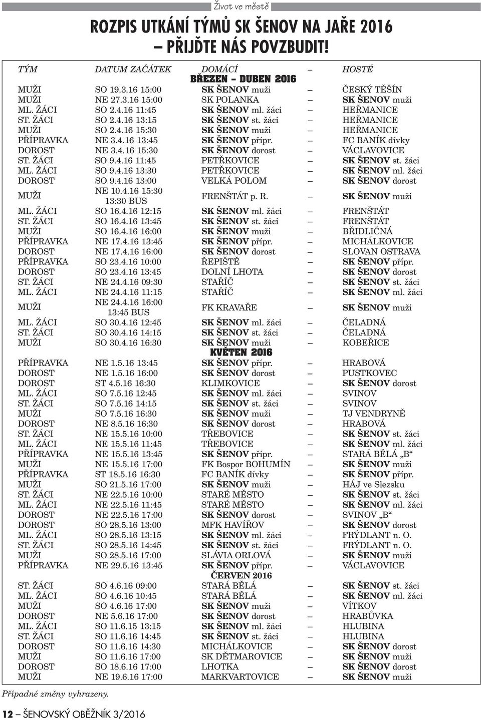 C BANÍK dívky DOROST NE 3.4.16 15:30 SK ŠENOV dorost VÁCLAVOVICE ST. ŽÁCI SO 9.4.16 11:45 PETØKOVICE SK ŠENOV st. žáci ML. ŽÁCI SO 9.4.16 13:30 PETØKOVICE SK ŠENOV ml. žáci DOROST SO 9.4.16 13:00 VELKÁ POLOM SK ŠENOV dorost MUŽI NE 10.