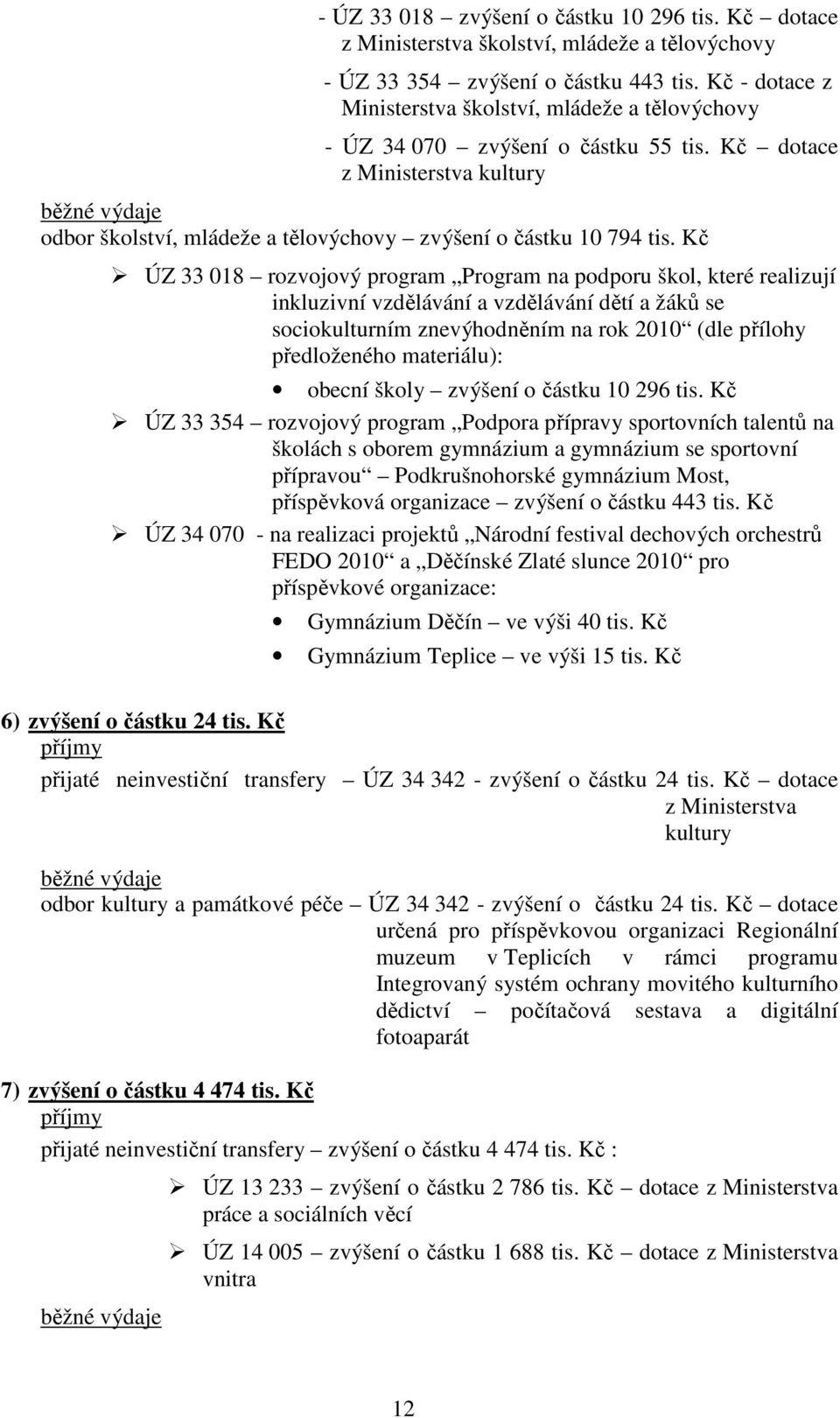 Kč dotace z Ministerstva kultury běžné výdaje odbor školství, mládeže a tělovýchovy zvýšení o částku 10 794 tis.