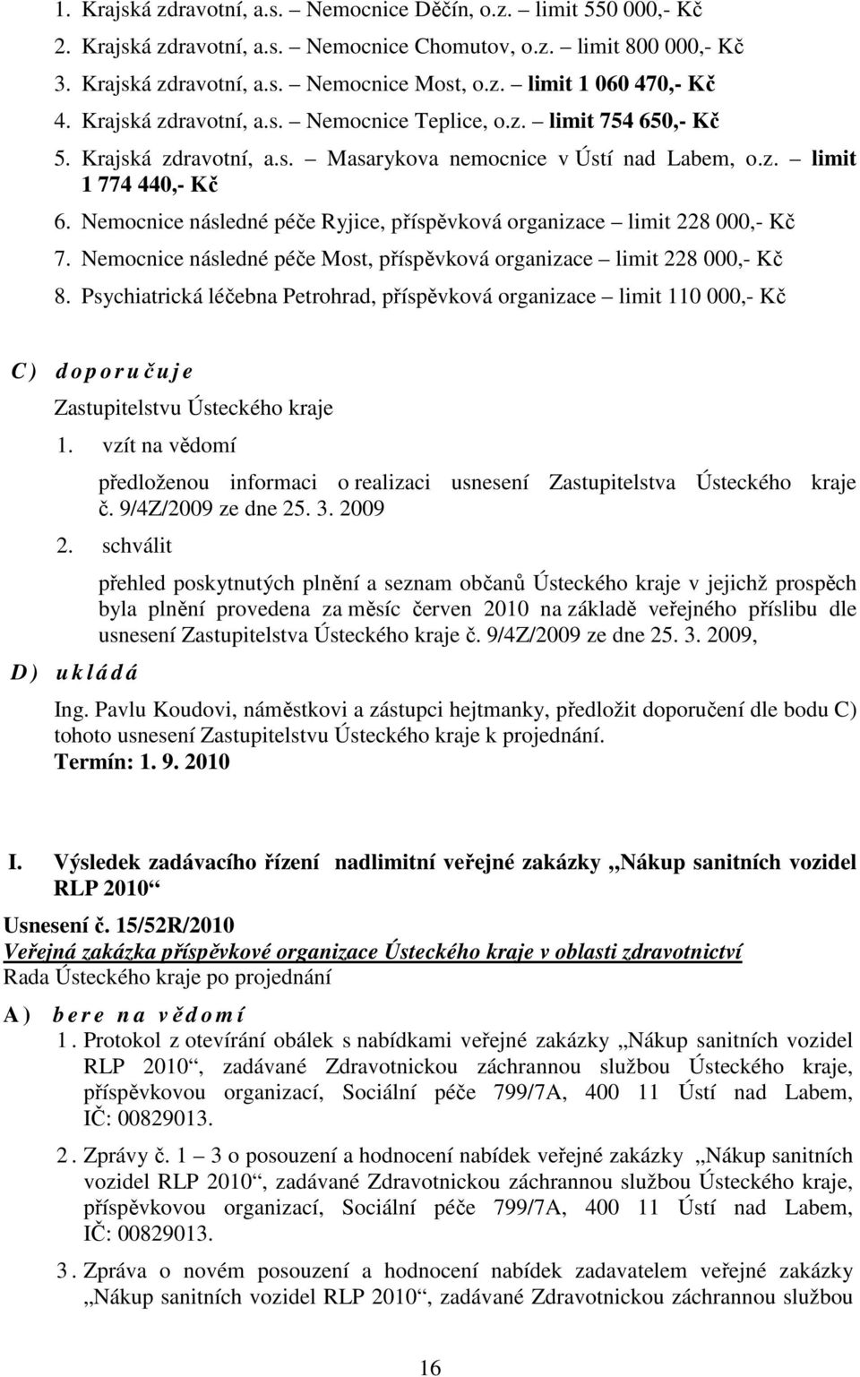 Nemocnice následné péče Ryjice, příspěvková organizace limit 228 000,- Kč 7. Nemocnice následné péče Most, příspěvková organizace limit 228 000,- Kč 8.