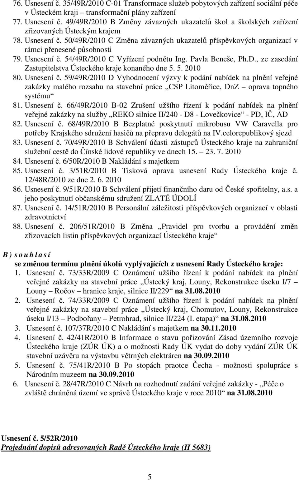 , ze zasedání Zastupitelstva Ústeckého kraje konaného dne 5. 5. 2010 80. Usnesení č.