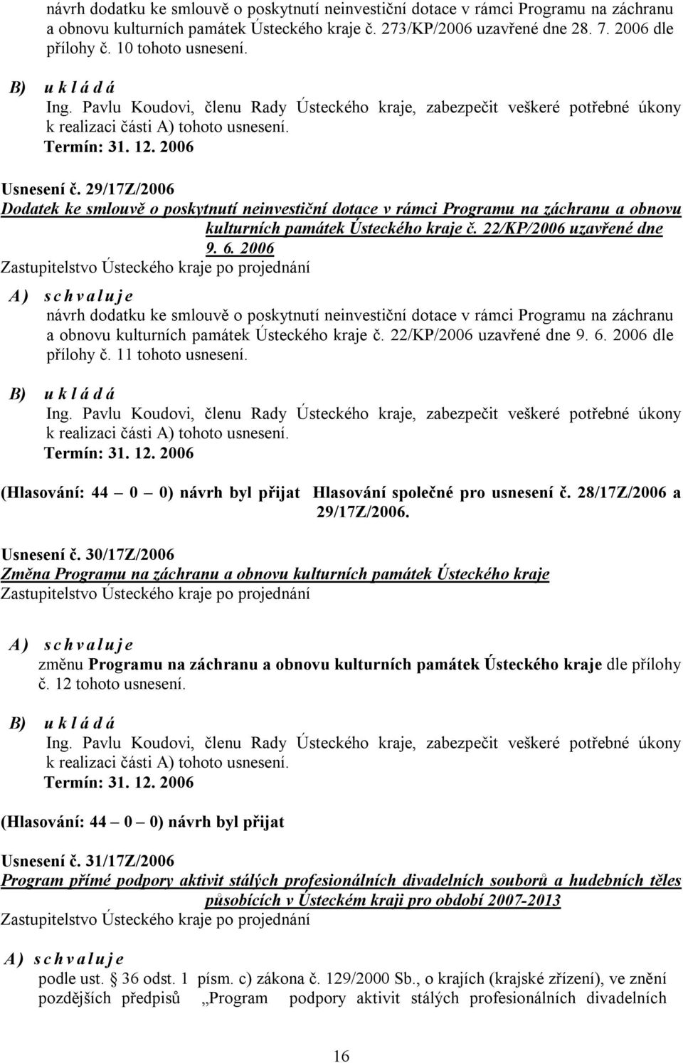 29/17Z/2006 Dodatek ke smlouvě o poskytnutí neinvestiční dotace v rámci Programu na záchranu a obnovu kulturních památek Ústeckého kraje č. 22/KP/2006 uzavřené dne 9. 6.