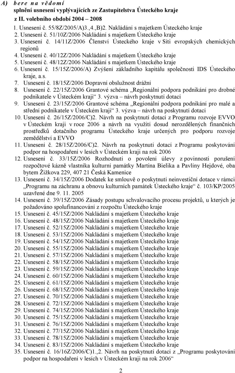 Usnesení č. 48/12Z/2006 Nakládání s majetkem Ústeckého kraje 6. Usnesení č. 15/15Z/2006/A) Zvýšení základního kapitálu společnosti IDS Ústeckého kraje, a.s. 7. Usnesení č. 18/15Z/2006 Dopravní obslužnost drážní 8.