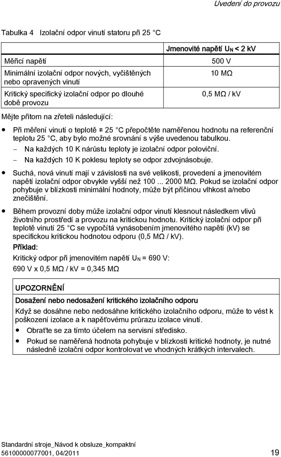 možné srovnání s výše uvedenou tabulkou. Na každých 10 K nárůstu teploty je izolační odpor poloviční. Na každých 10 K poklesu teploty se odpor zdvojnásobuje.