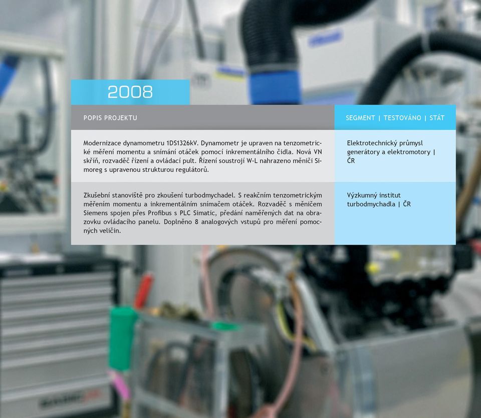 Elektrotechnický průmysl generátory a elektromotory ČR Zkušební stanoviště pro zkoušení turbodmychadel.