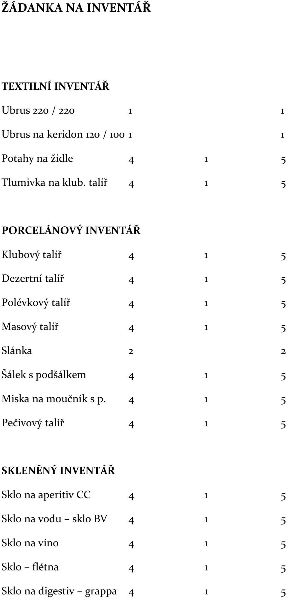 talíř 4 1 5 PORCELÁNOVÝ INVENTÁŘ Klubový talíř 4 1 5 Dezertní talíř 4 1 5 Polévkový talíř 4 1 5 Masový talíř 4 1 5