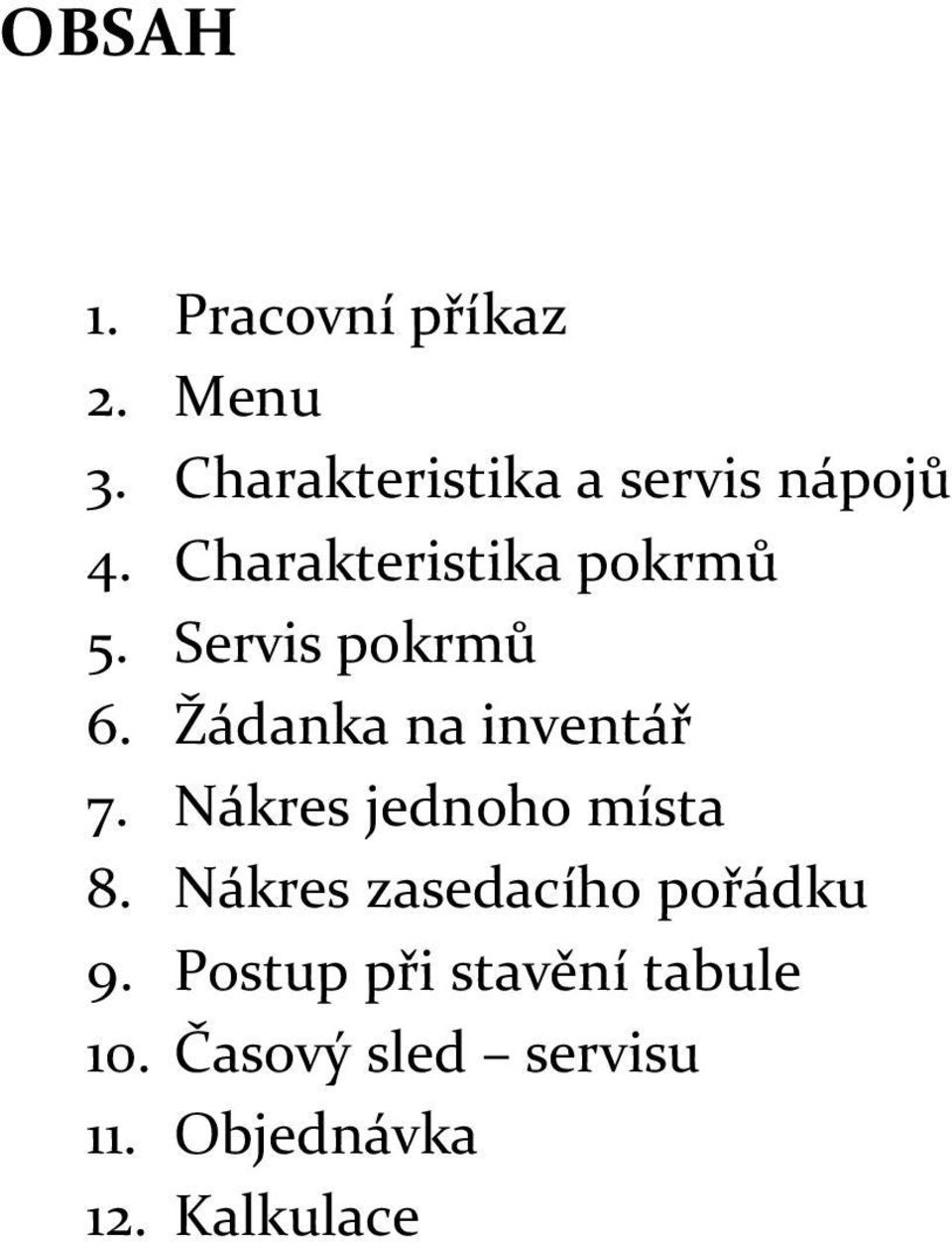 Servis pokrmů 6. Žádanka na inventář 7. Nákres jednoho místa 8.