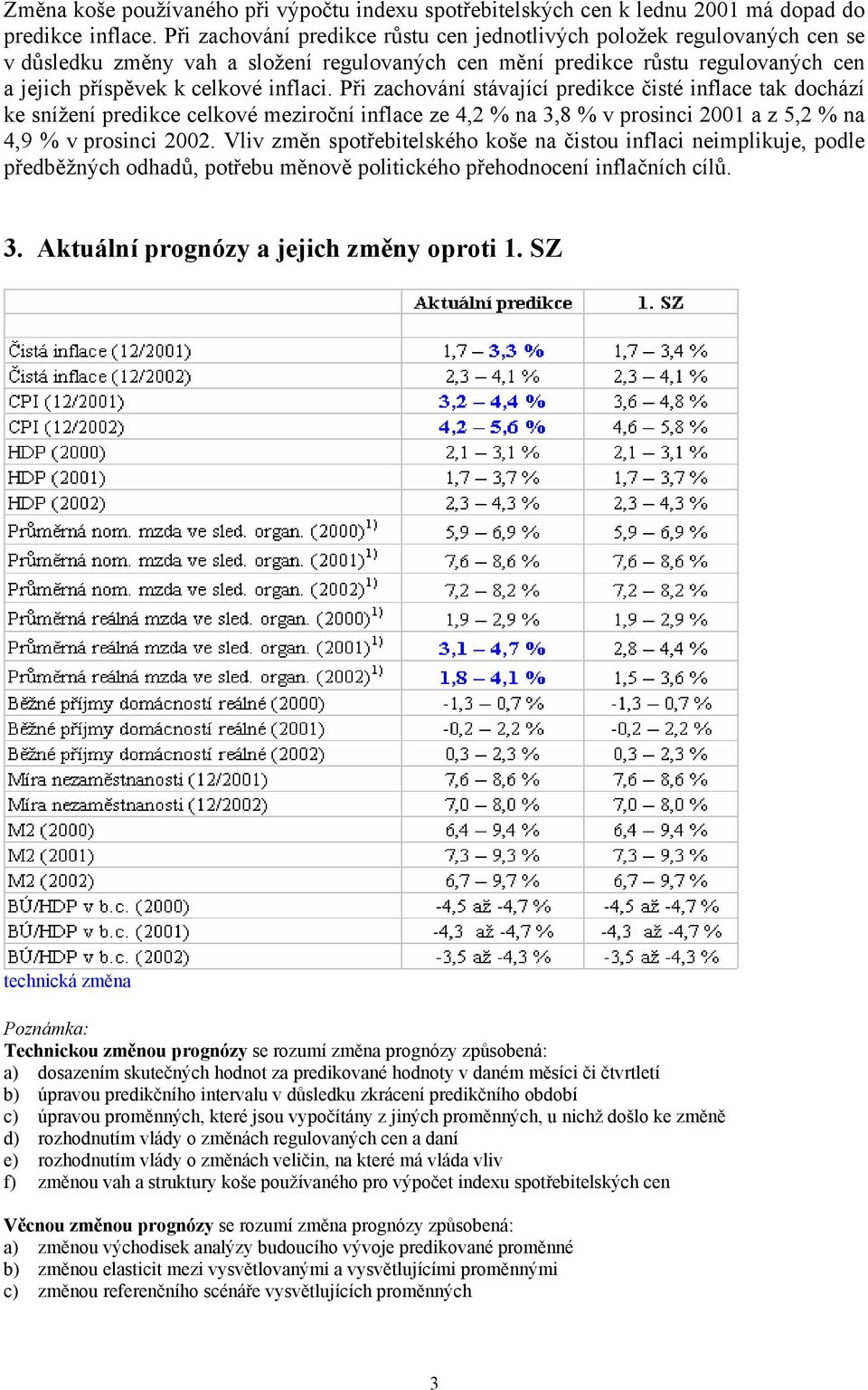 Při zachování stávající predikce čisté inflace tak dochází ke snížení predikce celkové meziroční inflace ze 4,2 % na 3,8 % v prosinci 2001 a z 5,2 % na 4,9 % v prosinci 2002.