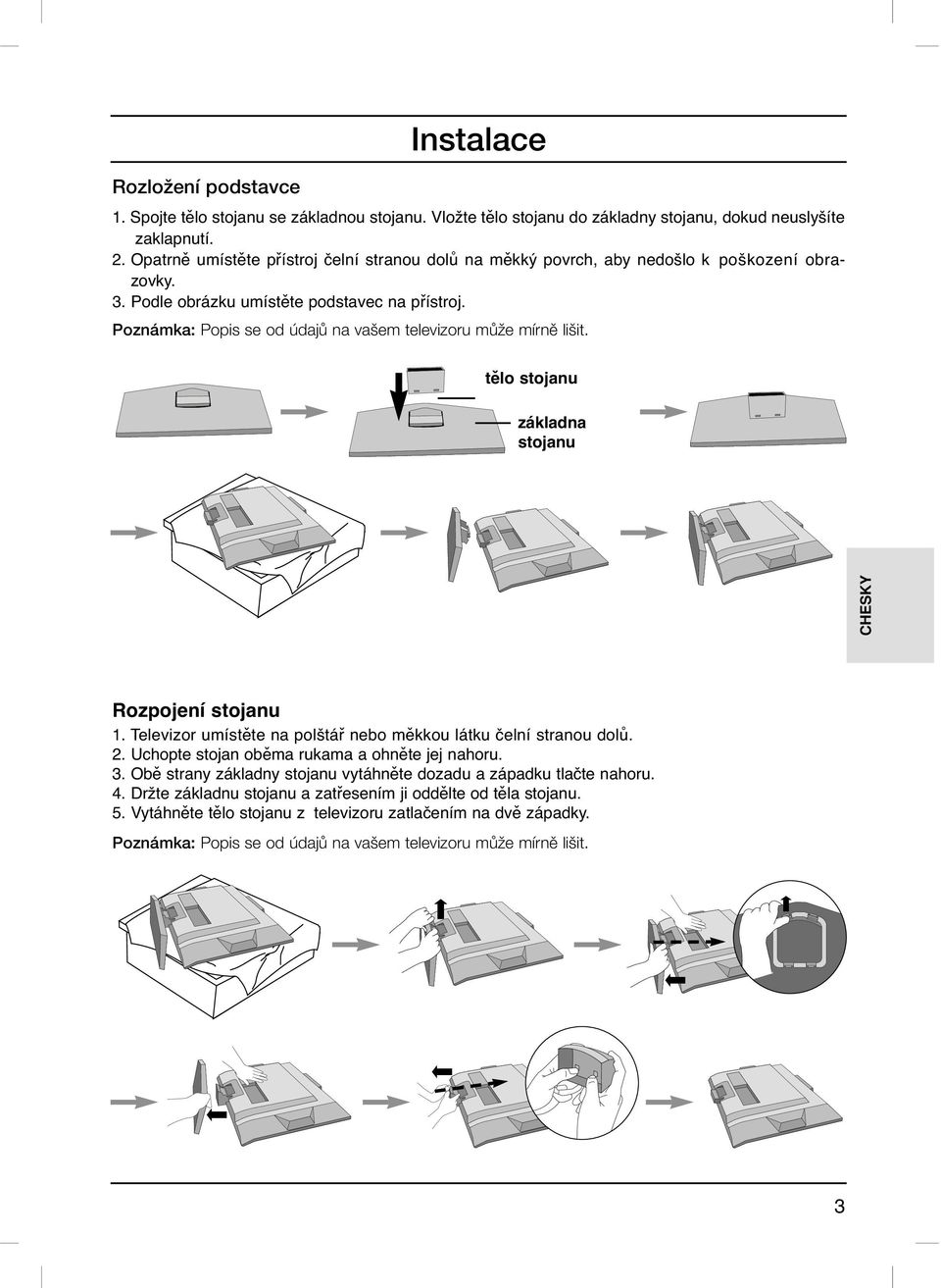 Poznámka: Popis se od údajû na va em televizoru mûïe mírnû li it. tělo stojanu základna stojanu CHESKY Rozpojení stojanu 1. Televizor umístěte na polštář nebo měkkou látku čelní stranou dolů. 2.