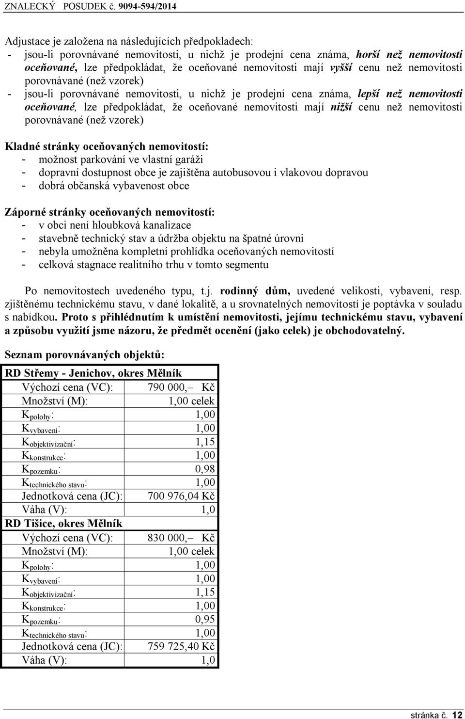 mají nižší cenu než nemovitosti porovnávané (než vzorek) Kladné stránky oceňovaných nemovitostí: - možnost parkování ve vlastní garáži - dopravní dostupnost obce je zajištěna autobusovou i vlakovou