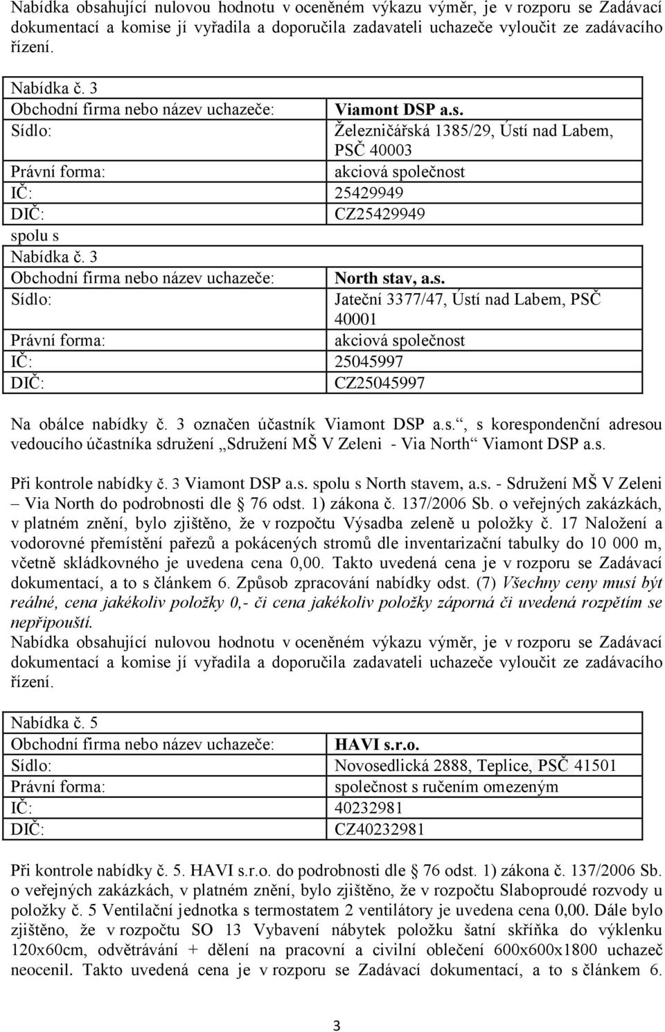 s. - Sdružení MŠ V Zeleni Via North do podrobnosti dle 76 odst. 1) zákona č. 137/2006 Sb. o veřejných zakázkách, v platném znění, bylo zjištěno, že v rozpočtu Výsadba zeleně u položky č.